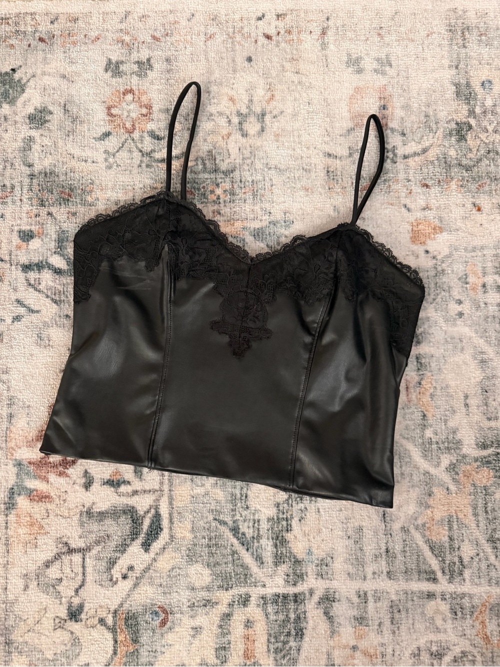 Express Black Faux Leather Cami with Lace Trim